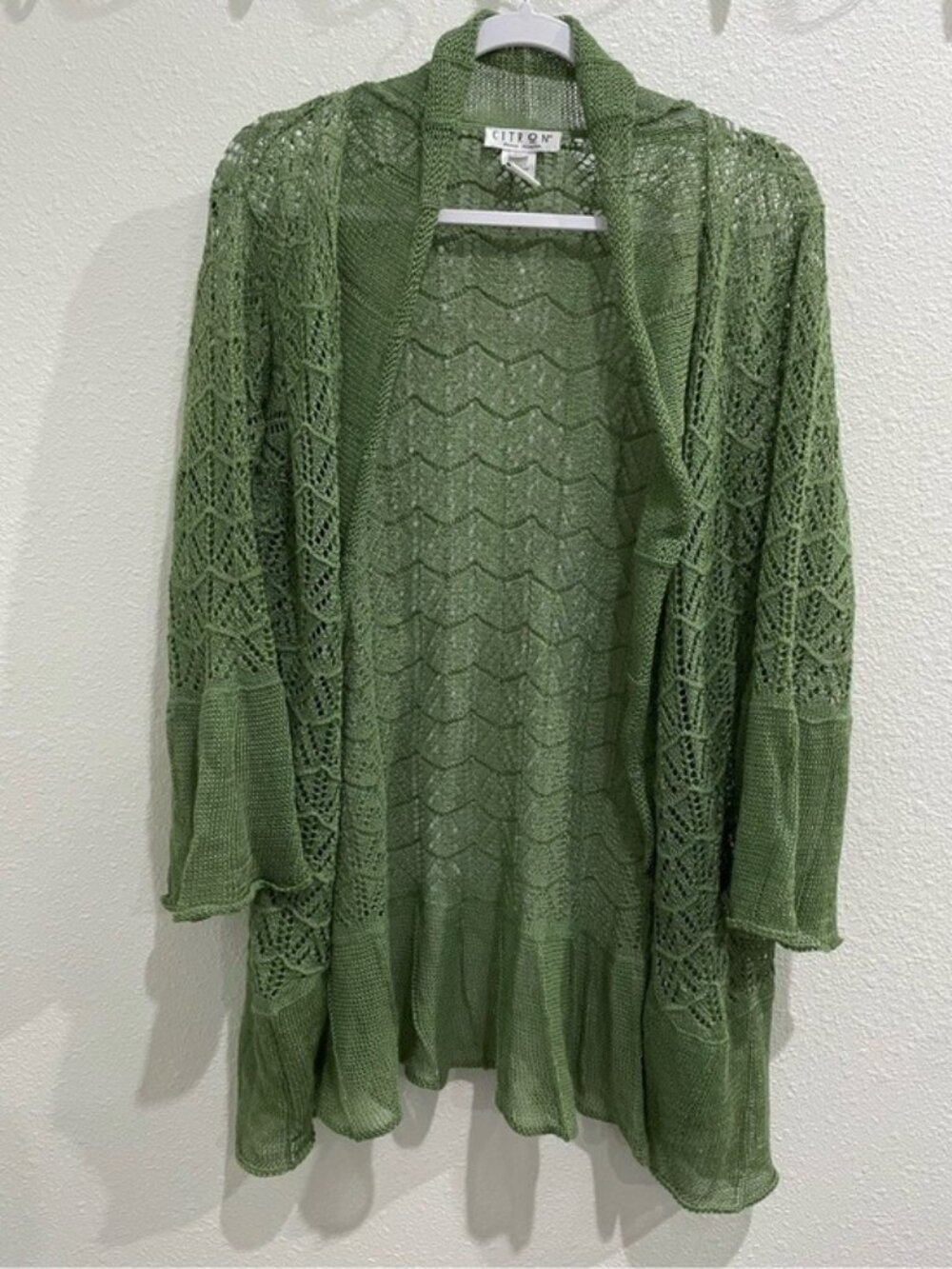 Citron Knit Crochet Boho Cardigan Coastal Green Bell Sleeve Western Lightweight